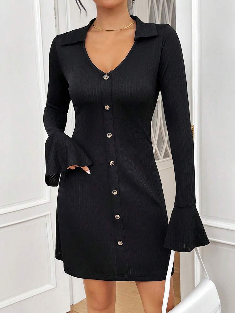 Women's Summer Black Commuting Polo Deep V-Neck Extra Long Bell Sleeves Buttoned Front Placket Casual Short Dress
