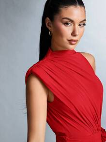SHEIN BAE Của phụ nữ Đứng cổ áo Viền Ruffle Trang trí Xếp li Đầm - Đỏ - Xem 4