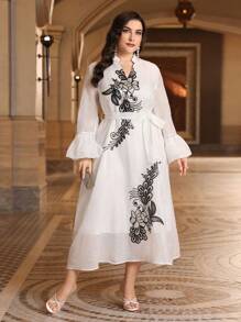 Al Najma Plus Size Floral Sequin Notch Neck Bell Sleeve Dress Kaftan Jalabiya Dress - White - View 4