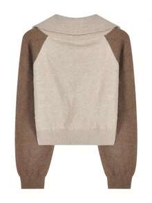 Áo khoác cardigan nữ kiểu Hàn Quốc mùa thu mới, thêu chữ thủ công, phối màu tương phản, phong cách thường ngày. - Cà phê nâu - Xem 2