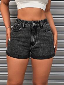 SHEIN ICON Rolled Hem Washed Denim Shorts - Black - View 1