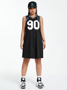 SHEIN Coolane 大尺碼女裝數字印花連衣裙 - 黑色 - 查看 5