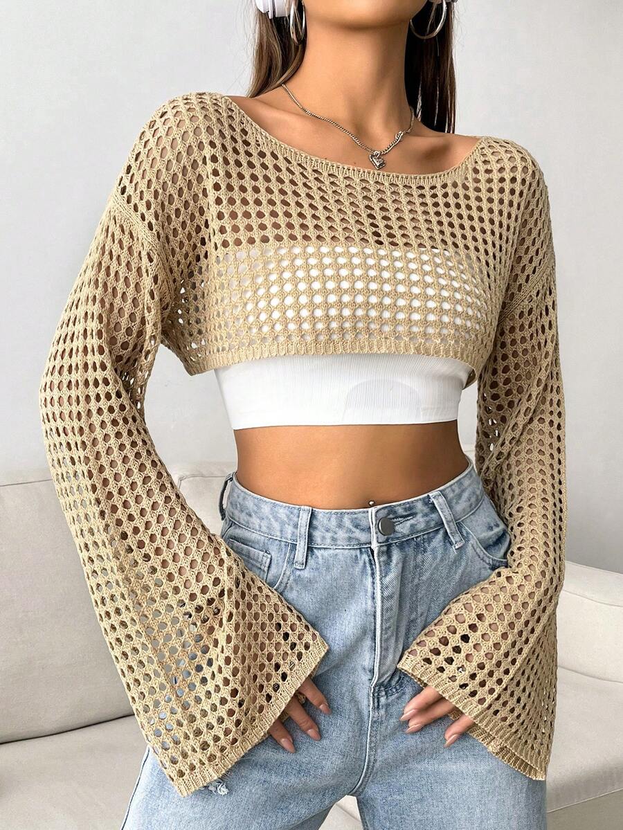 SHEIN Unity Của phụ nữ Vòng cổ Thả vai Tay áo dài Xu hướng: Cắt giảm Quần skinny Áo len - Lạc đà - Xem 1