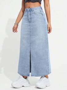 SHEIN EZwear Women's Light Blue Washed Denim Slit A-Line Skirt - Light Wash - View 5