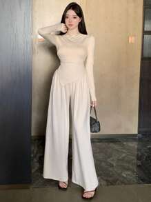 DAZY 1set Women's Asymmetrical Off Shoulder T-Shirt And Elastic Waist Wide Leg Pants Set,Women Two Pieces Sets