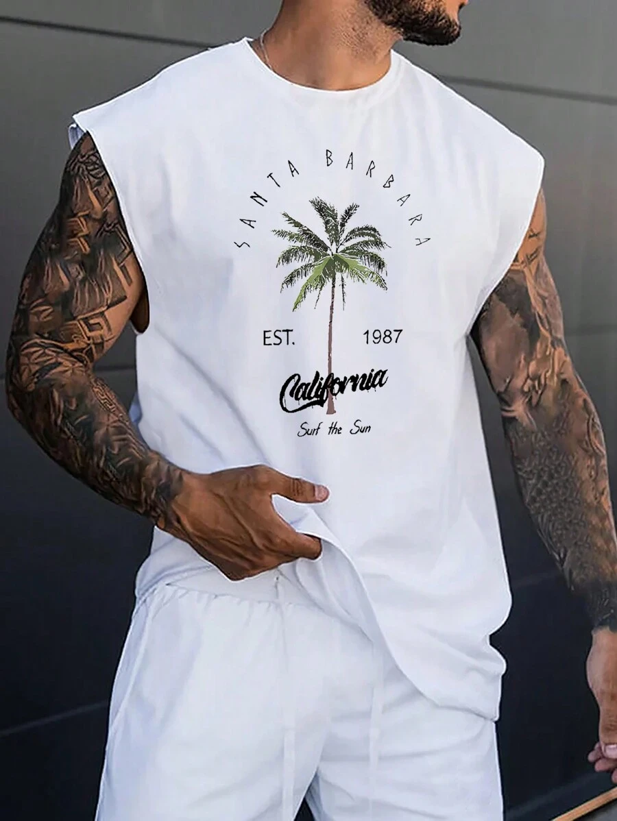 Manfinity ZONE917 Men's Coconut Tree Print Graphic Vacation Formal Sleeveless Tank Top, For Vacation, Rave, Family Matching - White - View 1