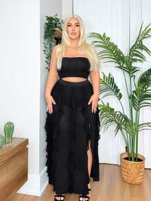 SHEIN SXY Chân váy lưới xếp ly lãng mạn và gợi cảm dành cho người có thân hình đầy đặn, kiểu dáng bồng bềnh dễ phối đồ, phù hợp với hầu hết các dịp: xuân hè, kỳ nghỉ biển, phong cách boho, sinh nhật. - màu đen - Xem 3