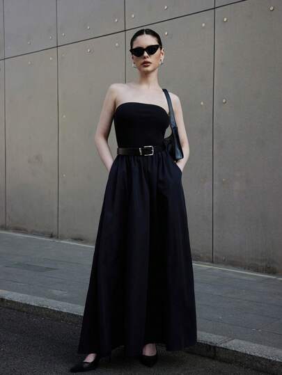 Siren Gaze 女装夏季黑色上紧下宽针织拼接梭织休闲连衣裙带侧袋