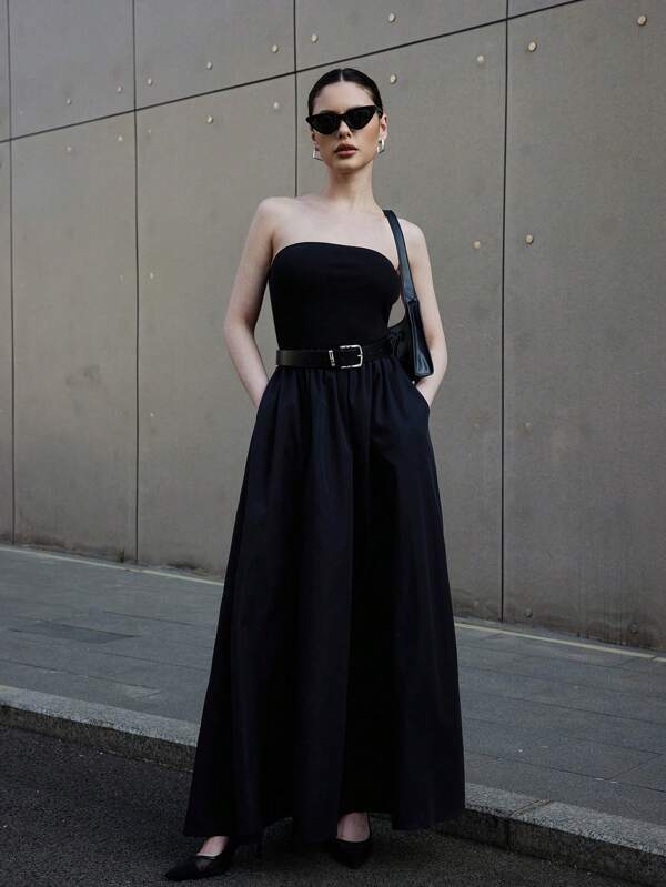 Siren Gaze Vestido casual de verano para mujer con parte superior ajustada y Bottom ancha, tejido de punto con empalme y bolsillos laterales