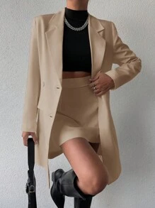 EURMUSE Ladies Solid Color Lapel Jacket, Skirt Suit - Camel - View 1