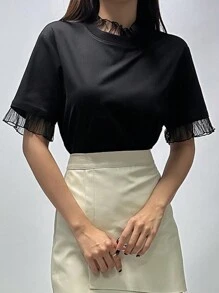 DAZY Women's Mesh Splice 2 In 1 T-Shirt - Black - View 5