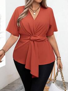 SHEIN Unity Plus Size Women's Asymmetrical Hem Solid Color Shirt For New Year Clothes Peplum Top - Red - View 3