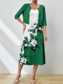 Chiquease Mid-Sleeve Jacket And Floral Printed Cami Dress Set - Dark Green - View 5