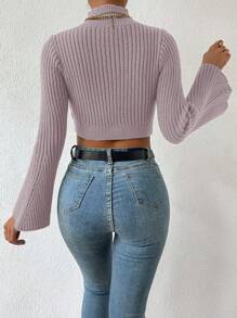 EURMUSE Mock Neck Cable Knit Crop Sweater - Dusty Pink - View 2