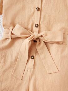 Tween Girl Woven Button Front Belted Casual Romper - Khaki - View 4