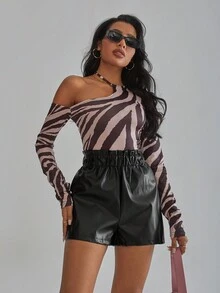 SHEIN Coolane 女式紙袋腰pu短褲 - 黑色 - 查看 4