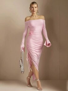 SHEIN BAE Solid Color Women's Off Shoulder Drawstring High Slit Ruched Tight Fit Long Dress