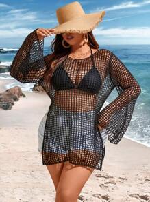 Flirla Plus Size Women's Long Sleeve Hollow Out Cover Up Dress Summer - Black - View 6