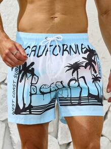 Manfinity Uomo Pantaloncini Da Mare Con Stampa Albero Di Cocco E Lettere Con Coulisse In Vita