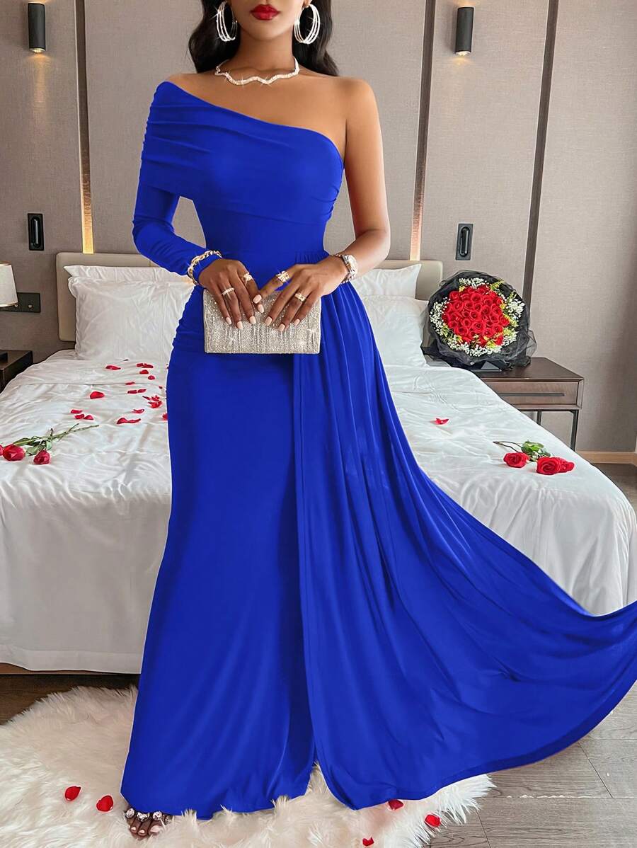 AIJ Elegant One-Shoulder Long Sleeve Dress Spring - Royal Blue - View 1
