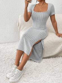 SHEIN Frenchy Women's Square Neck Slim Fit High Split Square Neck Texture Fabric Summer Dress