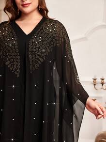 Al Najma Plus Size Batwing Sleeve Dress With Rhinestone Studs And Hot Drilling Detail - Black - View 3