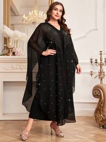 Al Najma Plus Size Batwing Sleeve Dress With Rhinestone Studs And Hot Drilling Detail - Black - View 6