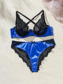 Spicy Aura Women's Lace Stitching Color Block Sexy Lingerie Set - Black - View 1