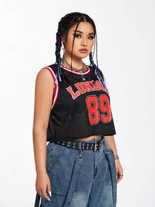 SHEIN Coolane 大尺寸條紋圖案背心,附有字母和數字裝飾 - 黑色 - 查看 7