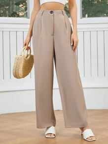 SHEIN Privé Pantalones De Traje De Pierna Ancha De Color Liso Para Mujer - Camel - Ver 3