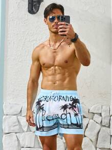 Manfinity Uomo Pantaloncini Da Mare Con Stampa Albero Di Cocco E Lettere Con Coulisse In Vita