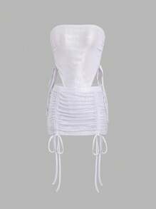 SHEIN Unity Strapless Drawstring Side Bodysuit And Skirt Set - Silver - View 1