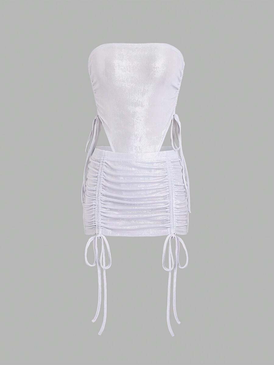 SHEIN Unity Strapless Drawstring Side Bodysuit And Skirt Set - Silver - View 1
