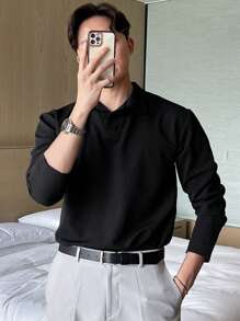 DAZY Men's Solid Color Long Sleeve Polo Shirt Business Attire - Black - View 4