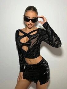 SHEIN ICON Top de mujer de primavera ajustado con malla aterciopelada transparente y diseño de cruz calado - Negro - Ver 4