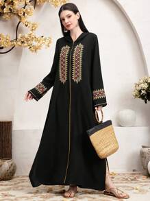 Al Najma Women's Embroidered Patchwork Hooded Dress - Black - View 7