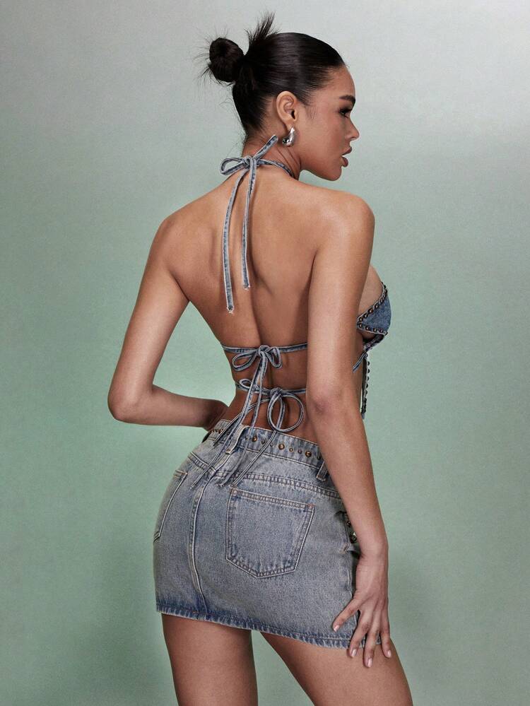 Starlet Studded Denim Crop Top - Blue-Washed&Festival&Music Festival&Country Concert