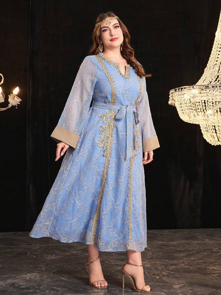 Plus Size Women's Arabic Style Long Sleeve Dress With Embroidery Mesh Decoration Kaftan Jalabiya Dress