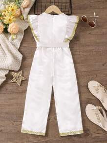 SHEIN Young Girls' Gold Lace Round Neck Jumpsuit - White - View 2
