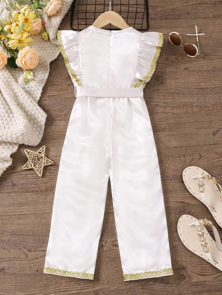 Young Girls' Gold Lace Round Neck Jumpsuit