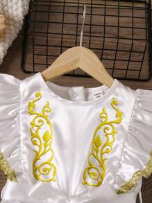 SHEIN Young Girls' Gold Lace Round Neck Jumpsuit - White - View 3