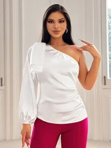 SHEIN SXY Camisa De Satén Blanca De Un Hombro Para Mujer En Primavera, Ropa Sexy De Club Con Detalle De Lazo, Día De San Valentín - Blanco - Ver 4