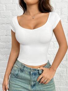 SHEIN EZwear White Knitted Slim-Fit Women's T-Shirt