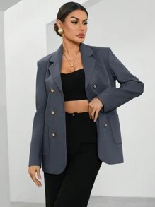 SHEIN BIZwear Lapel Pocket Front Long Sleeve Blazer Jacket - Grey - View 5