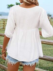 Breezaya Floral Embroidery Blouse Peplum Top For Vacation - White - View 2