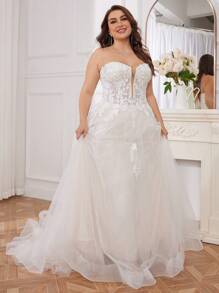 Plus Size Embroidered Tulle Bandeau Wedding Dress Elegant Bridal Dress,Bride - Beige - View 4