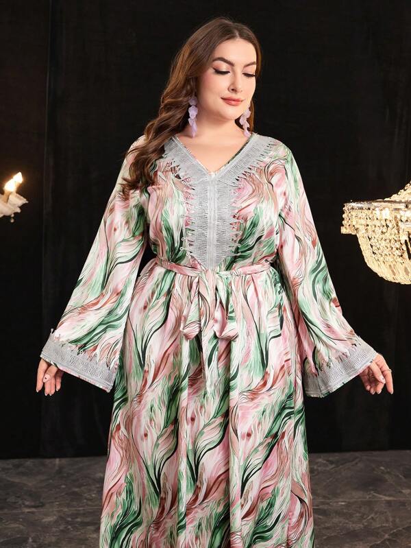 Al Najma Plus Size Long Sleeve Embroidered Floral Detail Belted Dress
