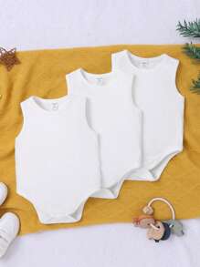 Loomiva Baby Boy's Casual Knit Solid Color Sleeveless Bodysuit With Open Crotch, 3pcs/Set