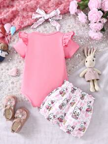 Cartoon Letter Printed Romper With Cartoon Heart Printed Shorts Set For Baby Girl - Pink - View 2