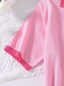 Vestido Acampanado De Manga Corta A Rayas Con Lunares Estilo Francés Para Chicas Adolescentes Con Cuello Vuelto - Rosa - Ver 3